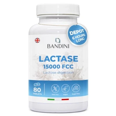 Image of Bandini® Lactase Extra Strength Dose 15,000 FCC Helps with Lactose Intolerance 80 Tablets Supports The Digestion Slow Release Digestive Enzymes Supplement 100% Vegan Chemical Free