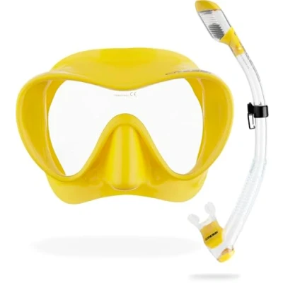Image of CRESSI F1 Combo Set Yellow Frameless Mask + Snorkel Dry for Diving and Snorkeling, Yellow, One Size, Unisex
