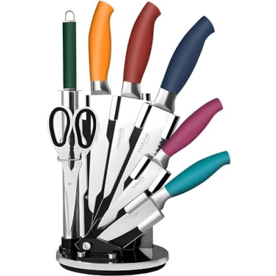 Image of Kitchen Knife Set with Block 8pcs Colourful Stainless Steel Knives Spinning Sharp Cooking by Nuovva
