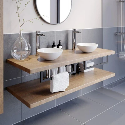 Image of Vitusso Garda Wood Wall Hung Double Countertop Basin Shelves &amp; Morlaix White Basins 1100mm