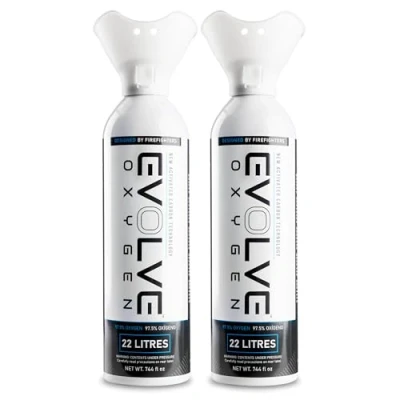 Image of EVOLVE 22 Litre Pure Oxygen Canister with Breathing Cup Portable Can Ideal for Home Use and Outdoor Activities Designed by Firefighters Made in Britain Pack of 2