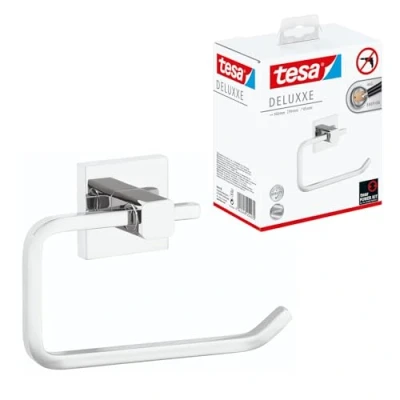 Image of tesa DELUXXE Toilet Roll Holder without Lid Wall Mounted Paper with Power.Kit Technology in Stainless Steel Design waterproof, incl. Adhesive Solution 99mm x 160mm 45mm