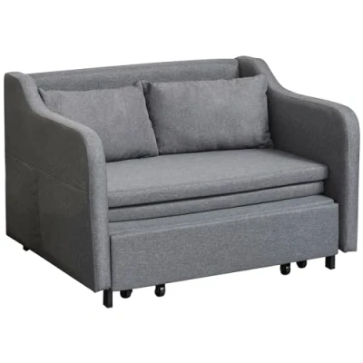 Image of HOMCOM 2 Seater Sofa Bed, Modern Fabric Pull Out Futon Sleeper Couch with Pillows, Side Pockets, Convertible Bed Settee for Living Room, Guest Office, Grey