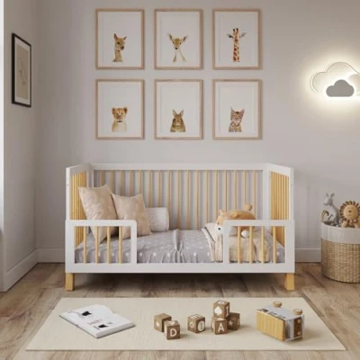 Image of Love For Sleep ALEXANDER 4 in 1 Baby Cot Bed 140x70cm, Adjustable Mattress Base, Toddler and Day Bed, Converts into Sofa Wooden Barriers Included, Crib From Birth to 6 Years (White/Sunset Pine)