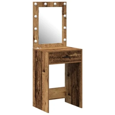 Image of vidaXL rustic wood MDF mirror vanity table/LED lit makeup desk with storage for bedroom brown, 50x41x135 cm