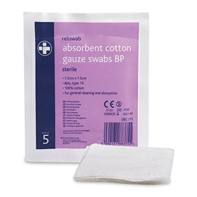 Image of Reliance Medical Reliswab Cotton Gauze Swab Sterile, 8 Ply, BP Material High Absorbency Quality to Prevent Dryness &amp; Clean Wound Surface W.7.5 x L.7.5 cm (4 5) Pack of 20