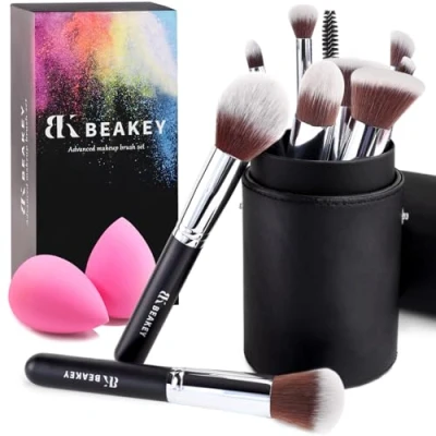 Image of BEAKEY Makeup Brushes, Foundation Blending Face Powder Blush Eyeshadow Gift for Ladies and Girls, Brush Sets with Two Sponges (10+2pcs, Black Case)