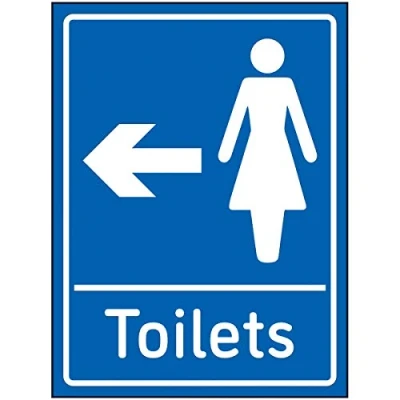 Image of VSafety Womens Toilets Arrow Left Sign 150x200mm Blue Self Adhesive Vinyl