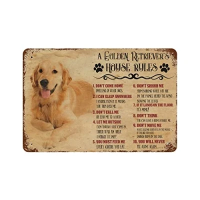 Image of Funny Dog Rules Novelty Metal Sign Retro Wall Decor A Golden Retriever&#039;S House Art Rustic Farmhouse Signs With Sayings For Home Gifts Lovers 8x12inch