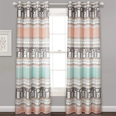 Image of Lush Decor Curtains Pattern Room Darkening Window Panel Set for Living, Dining, Bedroom (Pair), Turquoise &amp; Pink, 52&quot; W x 84&quot; L (Pack of 1)