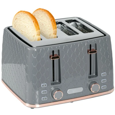 Image of HOMCOM 4 Slice Toaster with 7 Browning Levels, High Lift, Reheat/Defrost/Cancel, Self centring Function, Removable Crumb Tray, Auto Off, 1600W, Grey Honeycomb Texture