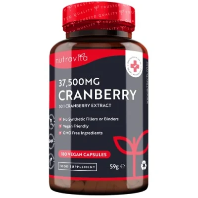 Image of Max Strength Cranberry 37,500mg 180 Vegan Capsules Daily Supplement for Women 50:1 Pure Extract Made in The UK by Nutravita