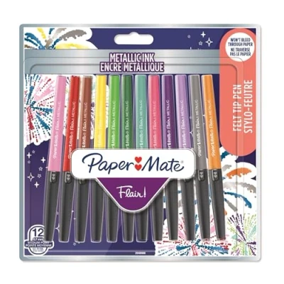 Image of Paper Mate Flair Metallic Glitter Felt Tip Pens Medium Point 1.0mm Pack of 12 Assorted Glittery Shiny Colours