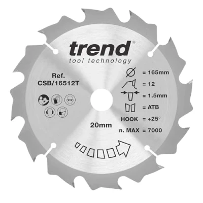 Image of Trend Wood Cordless Circular Saw Blade, 165mm Diameter, 20mm Bore, 12 Teeth, 1.5mm Kerf, +25 Hook, TCT, Coarse Finish, CSB/16512T