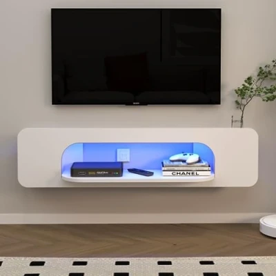 Image of Pmnianhua Floating TV Stand with LED Lights, Wall Mounted Shelves 1 Open Shelf, Modern Entertainment Media Console Center Large Storage Shelf Under for Living Room (120cm, White)