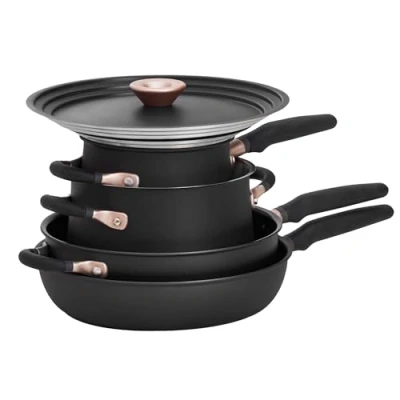 Image of Meyer Accent Induction Hob Pan Set Non Stick 6 Piece Stackable Pots and Pans with Universal Lids &amp; Anti Spill Shape, Black, Stainless Steel