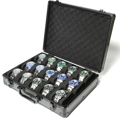 Image of AUKURA 15 slots watch organizer Case, Aluminum storage box, hard travel padded case for display and organization