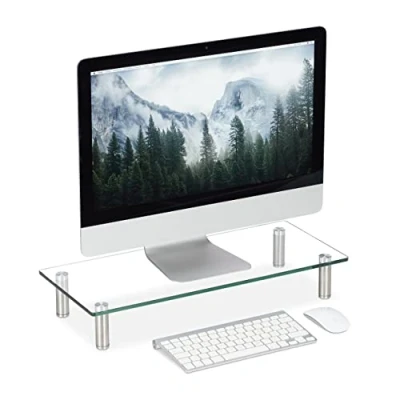 Image of Relaxdays Glass Display Stand, TV Pedestal, Notebook Riser, Height Adjustable 9 11 cm, W x D: 56 24 Clear, Stainless Steel, Aluminum, Pack of 1