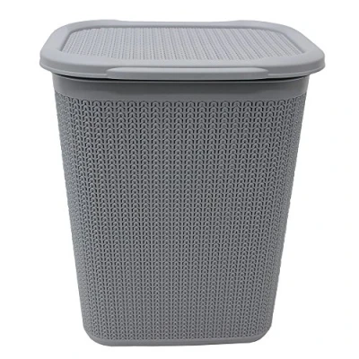 Image of JVL 13 350GY Knit Design Loop Plastic Rectangular Lidded Washing Laundry Basket, Grey, 34 x 43 55 cm, 50 Litres