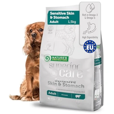Image of Nature&#039;s Protection Superior Care Grain Free Adult Dry Dog Food High Protein Lamb for Sensitive Stomach, Reduces Tear Stains, Healthy Coat, Strong Bones Super Premium 1.5kg. Hypoallergenic Kibble