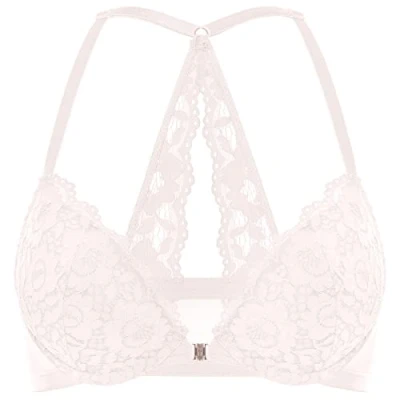 Image of DOBREVA Women&#039;s Push Up Front Fastening Bras Racer Back Lace Padded Plunge Underwired Bra Rose White 34A