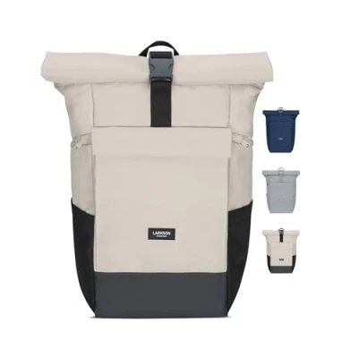 Image of LARKSON Backpack for Women &amp; Men Beige No 4 Large Roll Top Rucksack with Laptop Compartment Work, Uni, Leisure Travel Trolley Strap Water Repellent