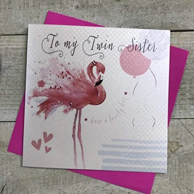 Image of Twin Sister Birthday Card Handmade Decorated Flamingo by WHITE COTTON CARDS B246 TW,16cm x 16cm