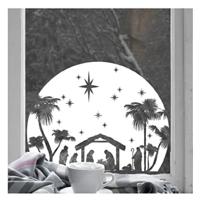 Image of Dizzy Duck Christmas Window Sticker White Nativity Scene Reusable Cling