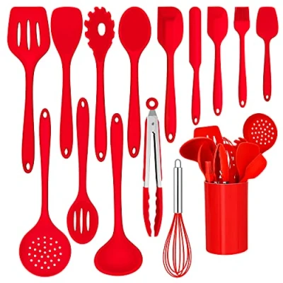 Image of Joyfair Silicone Kitchen Utensil Set, 15 Pieces Heat Resistant Set with Holder, Non Stick Cookware, Dishwasher Safe Red, M