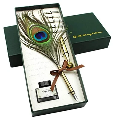 Image of Vintage Peacock Feather Pen Set Antique Calligraphy Writing Quill Ink Dip with Holder, and 5 Replacement Nibs in Gift Box Christmas Gifts