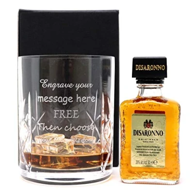 Image of Personalised Engraved Crystal Glass Tumbler &amp; Miniature (Disaronno Originale, Cardboard Gift Box)