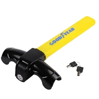Image of Goodyear T Shape Steering Wheel Lock Anti Theft Heavy Duty Security Device for Cars, SUVs, and Trucks locks Universal Fit Durable Construction Easy to Use High Visibility Yellow