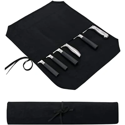 Image of QCWN Chefs Knife Roll Bag,Waxed Canvas Case Storage,Portable Chef Bag,7 Slots Cutlery Tool for Camping Hiking,Heavy Duty Bags Gifts Men(Black)