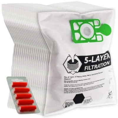 Image of SPARES2GO Cloth Hoover Bags compatible with Numatic Henry Hetty Vacuum Cleaners (Pack of 20 + 5 Fresheners)