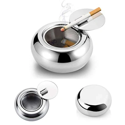Image of Ashtray with Lid, Stainless Steel Cigarette Cigar Bin for Indoor or Outdoor