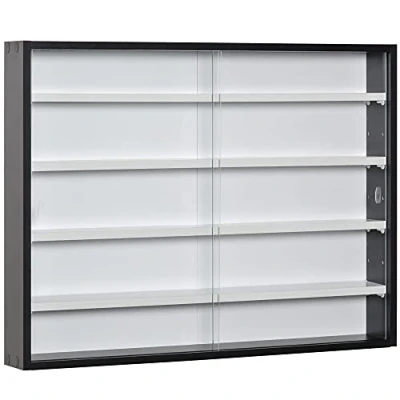 Image of HOMCOM 5 Tier Wall Display Shelf Unit Cabinet w/ 4 Adjustable Shelves Glass Doors Home Office Ornaments 60x80cm Black/White