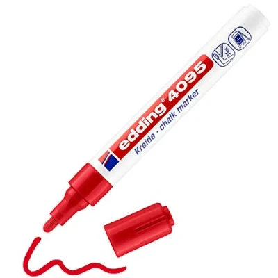 Image of edding 4095 chalk marker red 1 pen round nib 2 3 mm medium wet wipe for chalkboards, windows, glass, mirrors liquid opaque coverage