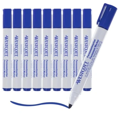 Image of Westcott Permanent marker 10 pieces Blue Value pack waterproof pens 1.5 3.0 mm bullet tip lightfast, quick drying, smudge proof E 713007 00