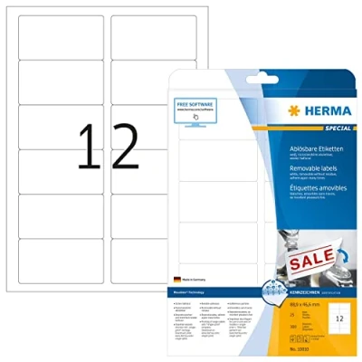 Image of HERMA Self Adhesive Removable Labels, 12 Labels per A4 Sheet, 25 Sheets, 88.9 x 46.6 mm, 300 Blank Multipurpose Stickers, Sticky for Laser &amp; Inkjet Printer, White