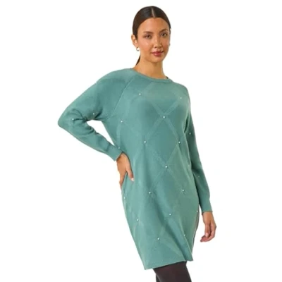 Image of Roman Originals Knitted Jumper Dress for Women UK Ladies Knit Knitwear Autumn Winter Casual Smart Pull On Work Long Sleeves Slouch Relaxed Flattering Over Knee Length V Neck Sage Size 16