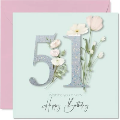 Image of 51st Birthday Cards for Women Fancy Floral Flowers Happy Card 51 Year Old Woman Colleague Neighbour Sister Daughter, 145mm Bday Greeting