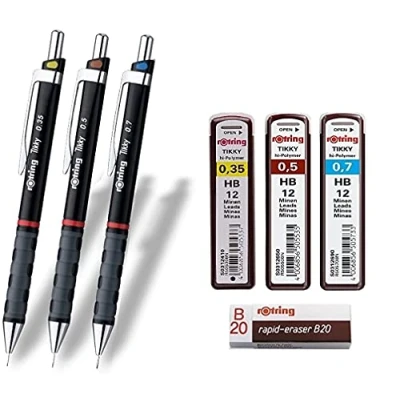 Image of rOtring ‘Tikky’, set of 3 with colour coding, 0.35 / 0.5 0.7 mm, includes Boxes refill HB lead and a B20 eraser