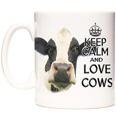 Image of Fresian Cow Mug. Keep Calm Mug, and Love Cows. 11oz Ceramic Coffee Gift for Farmers