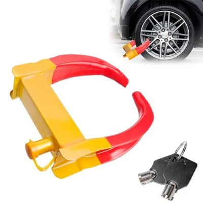 Image of YKUKIZEE Wheel Clamp Heavy Duty Lock, Security Tyre Lock with 2 Keys, Anti Theft Trailer Adjustable Car for Caravan Vans Motorhome(Yellow/Red)