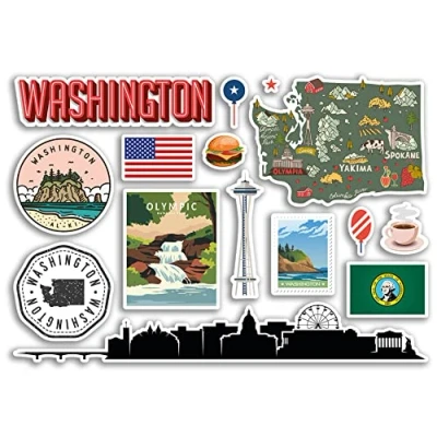 Image of A5 Sticker Sheet Washington Landmarks Vinyl Stickers America States USA American Airport Stamps Skyline Flag Map Travel Holiday Scrapbooking City Luggage #79198