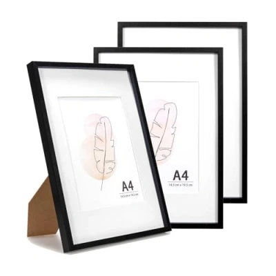 Image of KAIWIN A4 Picture Frame Black Set of 3, Wooden Poster with white mat, 21X29.7 cm Frames for Tabletop and Wall Mounting Display Home, Office,Gallery Photos, Posters, Puzzles
