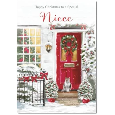 Image of doodlecards Niece Christmas Card Red Door Large A4 Size for with Plain Envelope