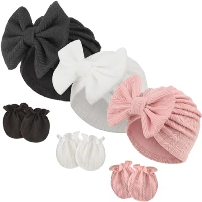 Image of DRESHOW Newborn Baby Hats Mittens Set Hospital Hat Beanie Infant Bow Cotton Gloves No Scratch for 0 6 Months