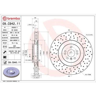 Image of 1644210712, A1644210712 Brake disc BREMBO 09.C942.11 390mm 36mm 5 perforated/vented Coated High carbon MERCEDES BENZ: ML Class, R Class