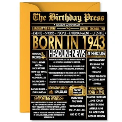 Image of Gold 82nd Birthday Card for Men Women Black &amp; Golden Newspaper Born in 1943 Happy 82 Cards Nanny Dad Wife Nan Husband Auntie, A5 Bday Greeting